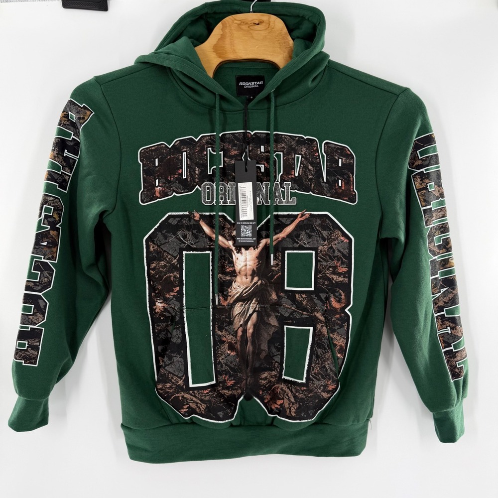 Rockstar Original Fields Green Hoodie Mens Small Camo Jesus Graphic Pullover